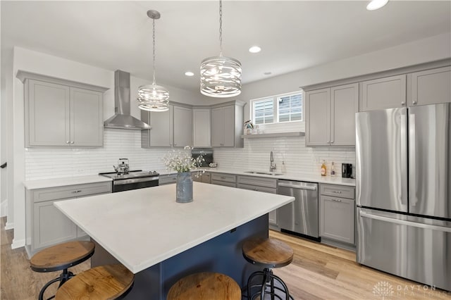 kitchen featuring decorative backsplash, appliances with stainless steel finishes, sink, light hardwood / wood-style floors, and wall chimney range hood