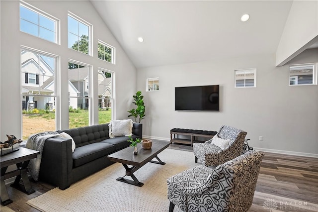 living room featuring hardwood / wood-style flooring and high vaulted ceiling