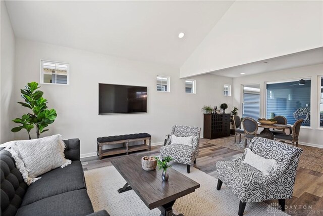 living room with high vaulted ceiling and light hardwood / wood-style floors