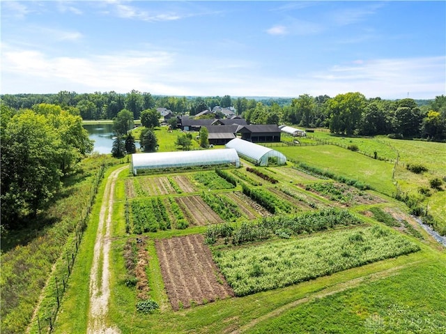 bird's eye view featuring a rural view and a water view