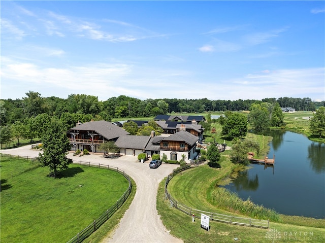 aerial view featuring a water view