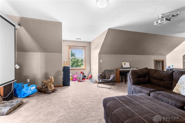 living room with carpet flooring and vaulted ceiling