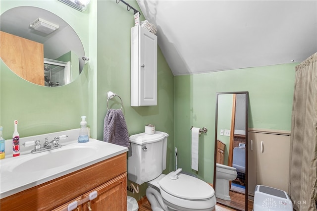 bathroom with toilet, vanity, and lofted ceiling