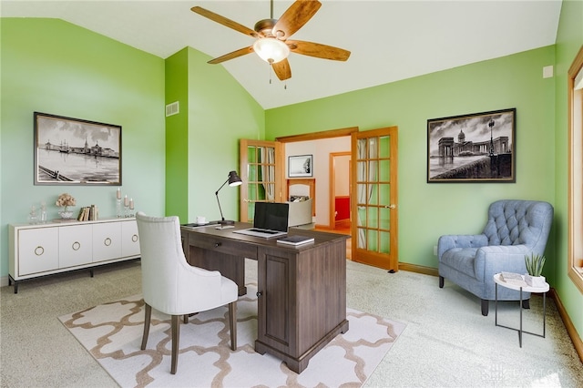 carpeted home office featuring ceiling fan and high vaulted ceiling