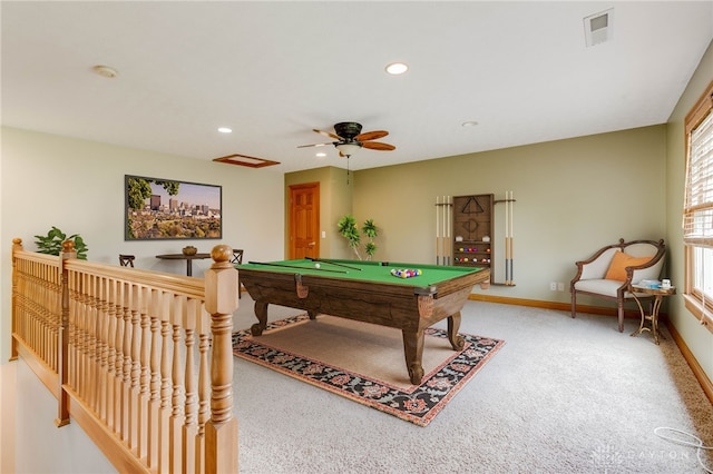 recreation room featuring ceiling fan, pool table, and light colored carpet