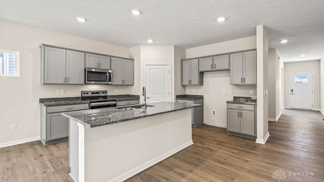 kitchen featuring gray cabinetry, a center island with sink, sink, and appliances with stainless steel finishes