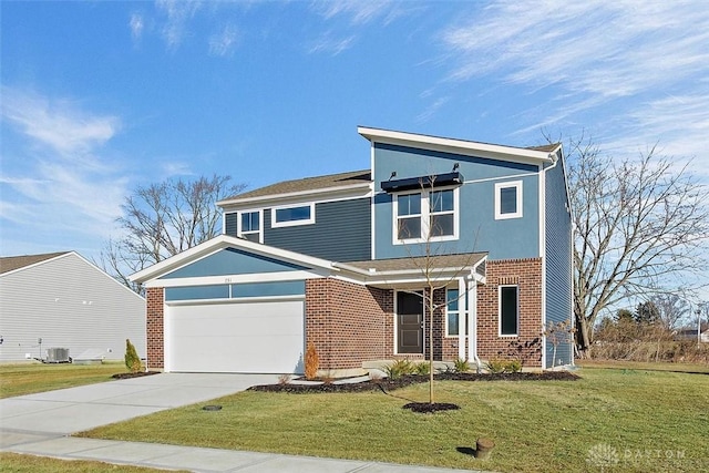 view of front of house featuring central AC unit, a garage, and a front yard