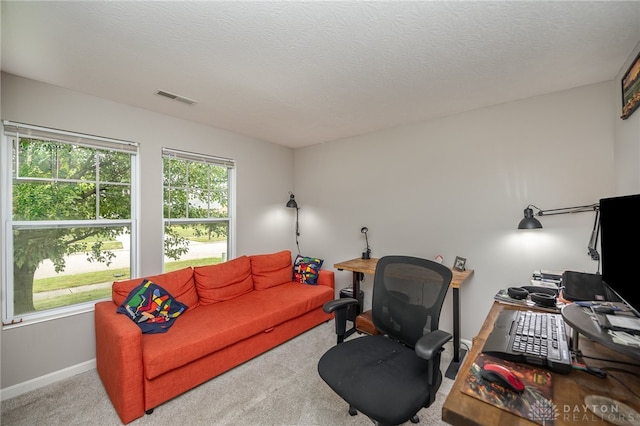 office area with carpet, plenty of natural light, and a textured ceiling