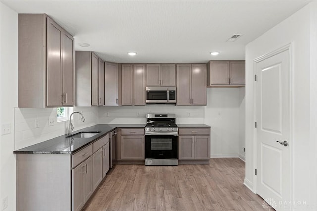 kitchen featuring sink, backsplash, light hardwood / wood-style flooring, and stainless steel appliances