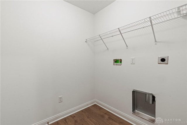 laundry room with washer hookup, wood-type flooring, and electric dryer hookup