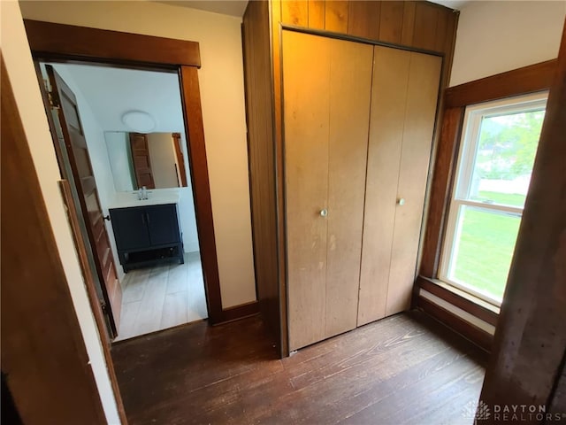 unfurnished bedroom featuring dark wood-type flooring, sink, and a closet