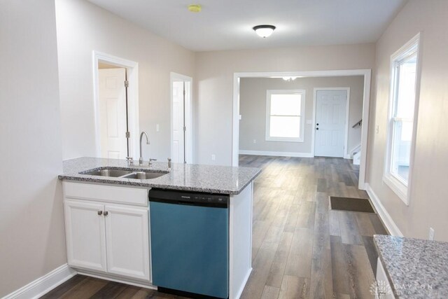 kitchen featuring sink, dark wood-type flooring, light stone countertops, dishwasher, and white cabinetry