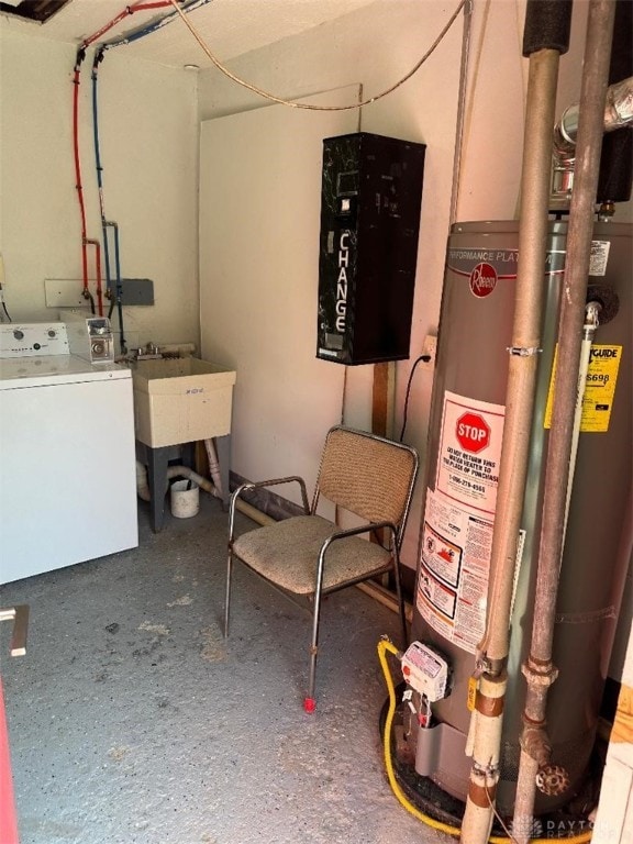 utility room with washer / clothes dryer, sink, and water heater