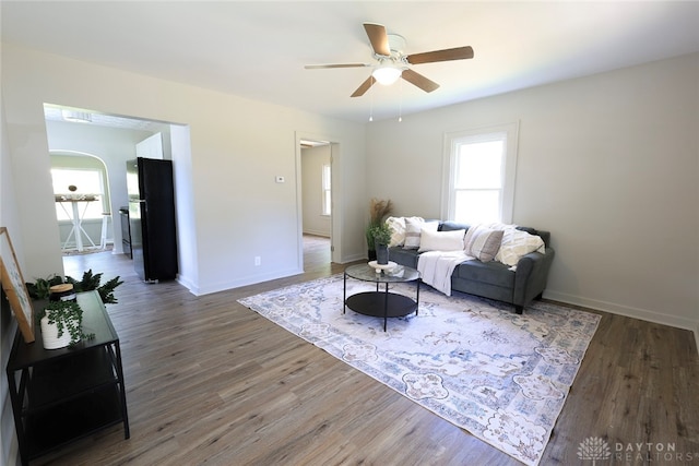 living room featuring ceiling fan and dark hardwood / wood-style flooring