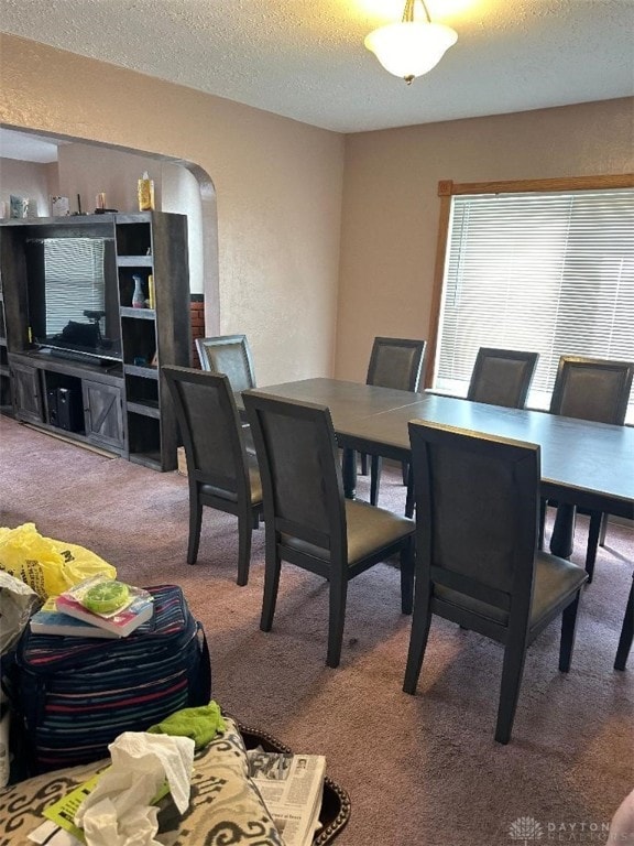 dining area with a textured ceiling and carpet floors