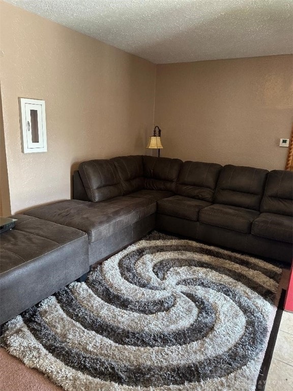 living room featuring a textured ceiling