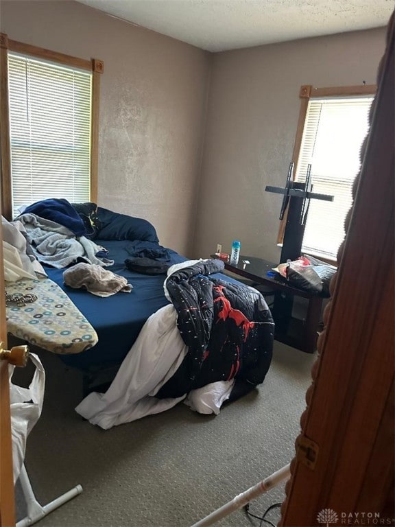 bedroom with a textured ceiling and carpet floors