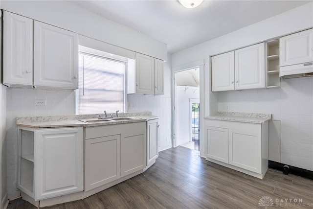 kitchen featuring dark hardwood / wood-style flooring, sink, and white cabinets