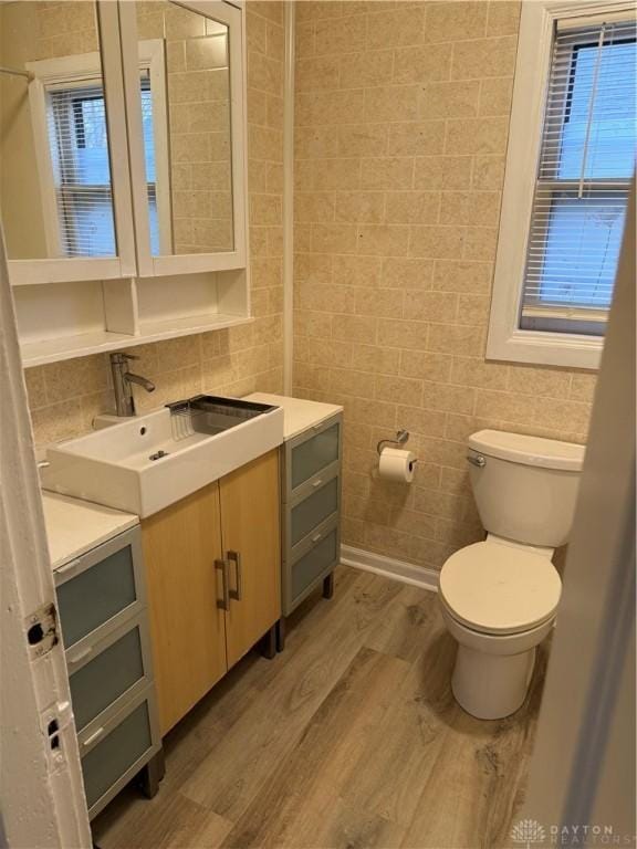 bathroom featuring toilet, tile walls, wood finished floors, and vanity