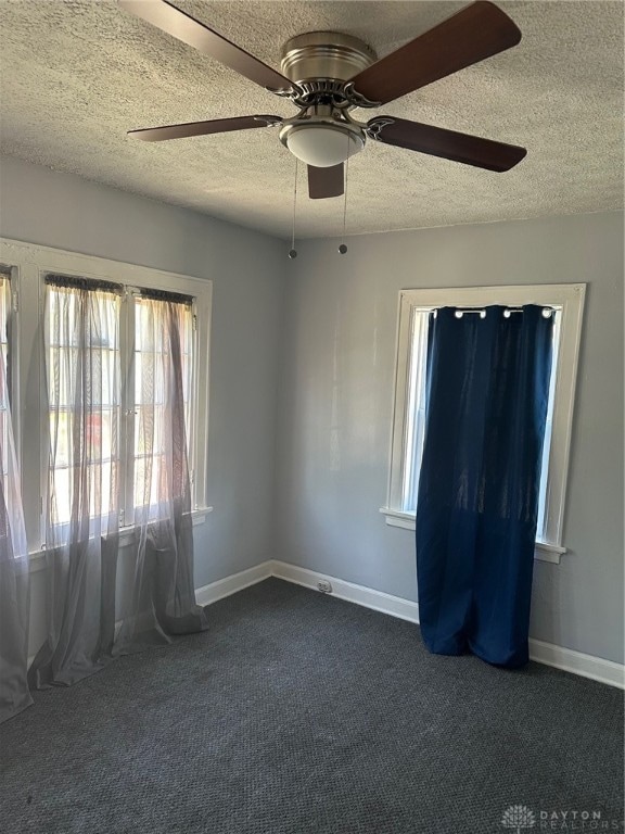 empty room featuring ceiling fan, plenty of natural light, carpet, and a textured ceiling