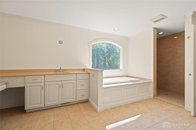 full bathroom featuring crown molding, tile patterned floors, visible vents, tiled shower, and a bath