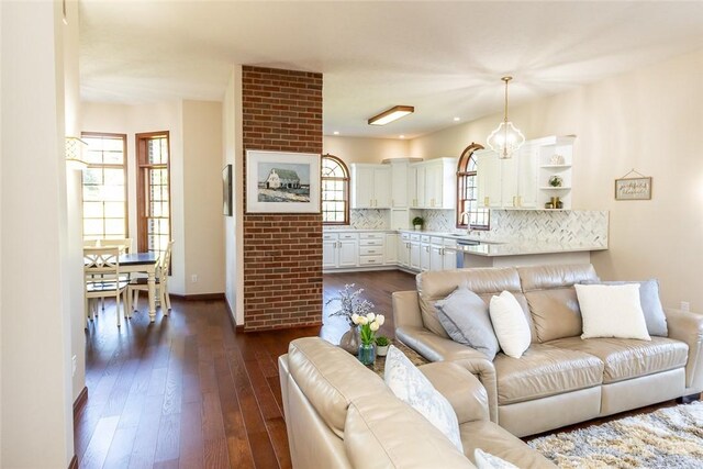 living room featuring dark hardwood / wood-style flooring and sink