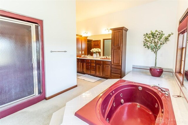 bathroom with a bathing tub and vanity