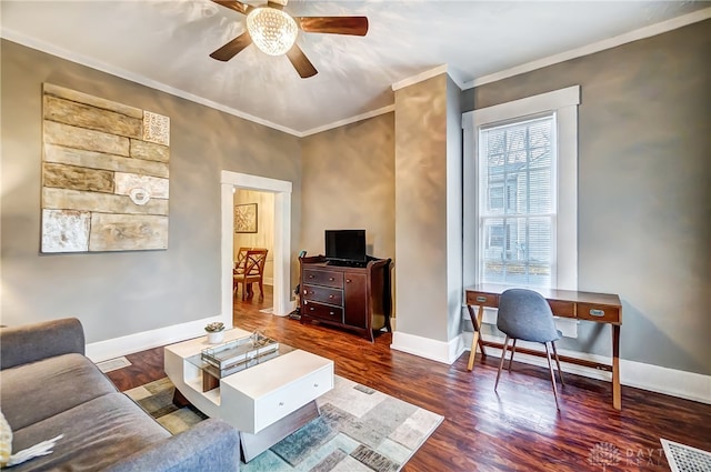 living room with ceiling fan, crown molding, and hardwood / wood-style floors