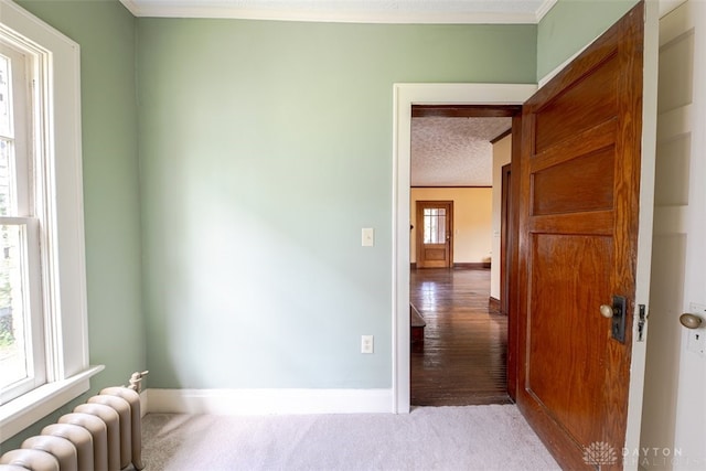 interior space featuring a textured ceiling, radiator, crown molding, and wood-type flooring