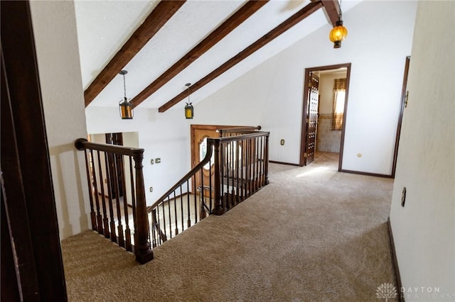 staircase featuring carpet floors and lofted ceiling with beams