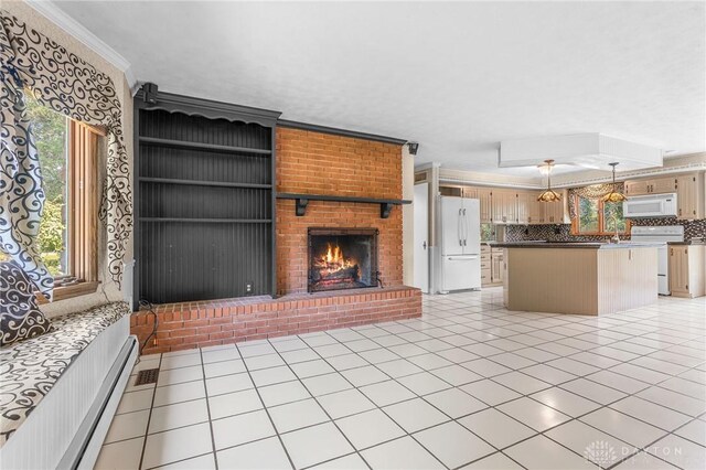 unfurnished living room featuring crown molding, baseboard heating, a fireplace, and light tile patterned floors