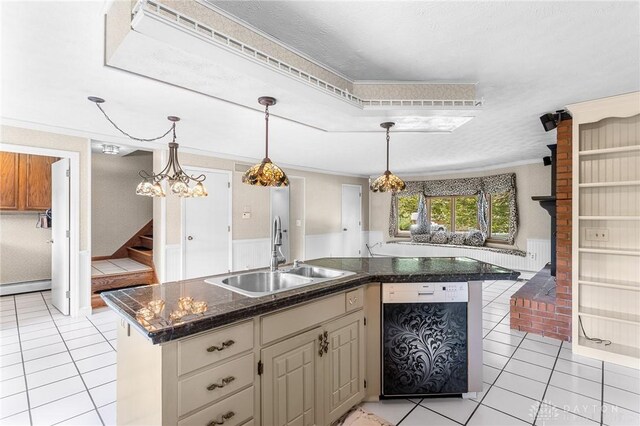 kitchen with a baseboard heating unit, a kitchen island, sink, and light tile patterned floors