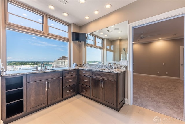 kitchen with dark brown cabinetry, light stone countertops, and a sink