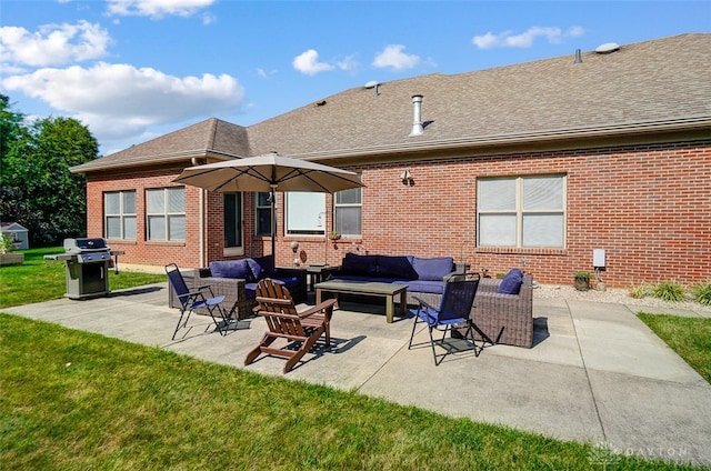 rear view of property with a lawn, a patio area, and outdoor lounge area