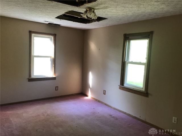 empty room with light colored carpet and a textured ceiling