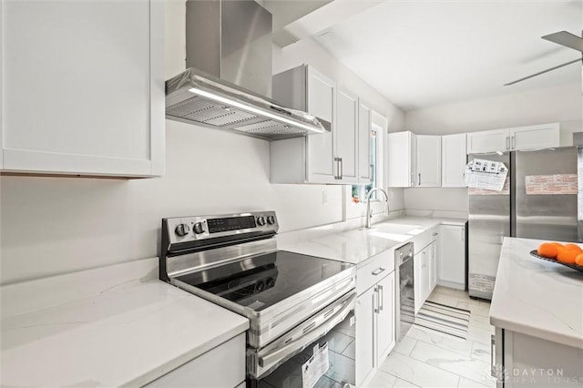 kitchen with sink, appliances with stainless steel finishes, ventilation hood, light stone countertops, and white cabinets