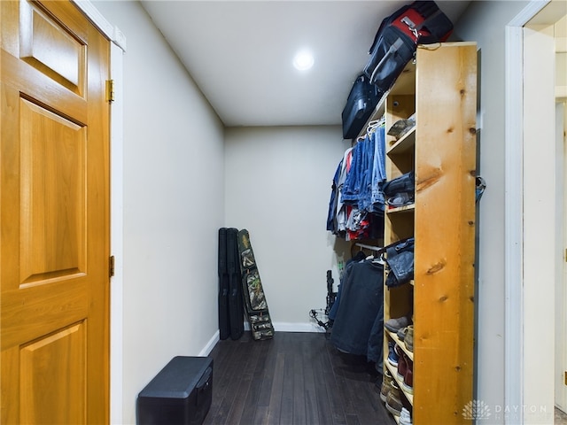 walk in closet with dark hardwood / wood-style flooring