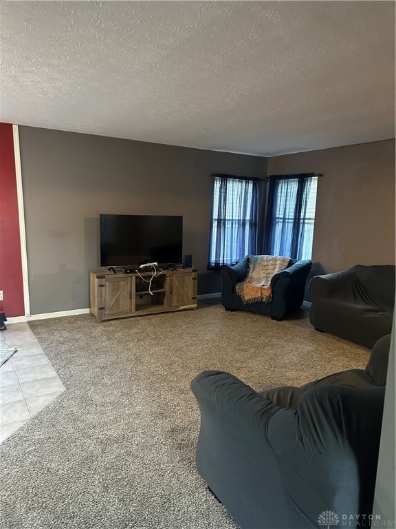 carpeted living room featuring a textured ceiling