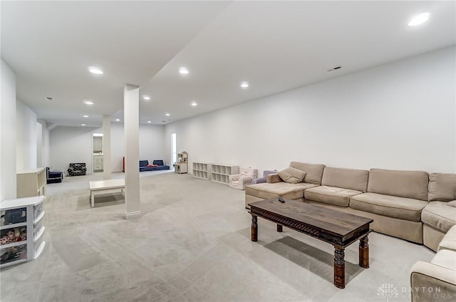 living room with light colored carpet