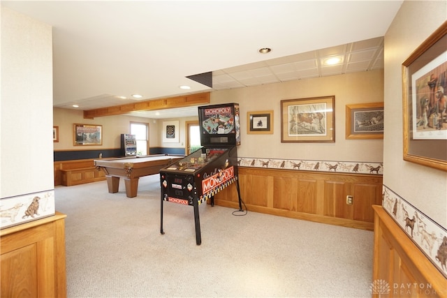 rec room with billiards and light carpet