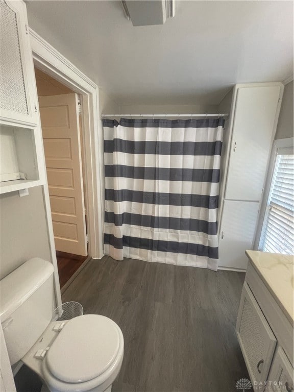 bathroom featuring vanity, toilet, and hardwood / wood-style floors