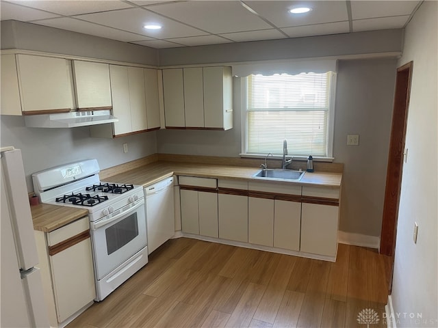 kitchen with a paneled ceiling, sink, white appliances, and light hardwood / wood-style floors