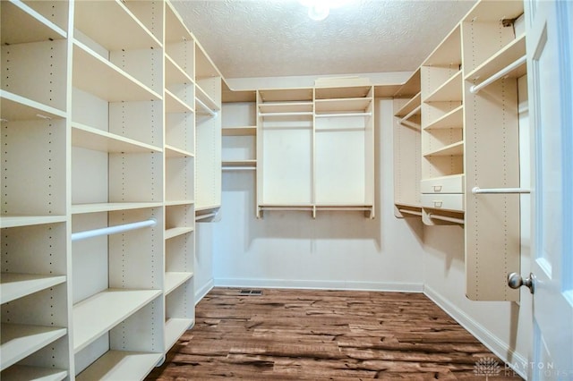 spacious closet with dark hardwood / wood-style flooring