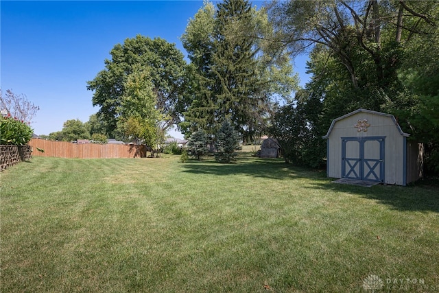 view of yard featuring a storage shed