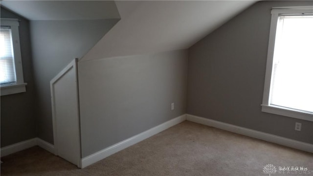 additional living space with light carpet, a healthy amount of sunlight, and vaulted ceiling