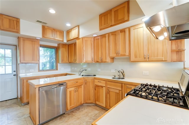 kitchen featuring light brown cabinetry, dishwasher, island range hood, and sink