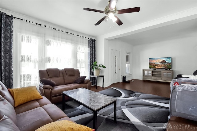 living room with ceiling fan and dark hardwood / wood-style flooring