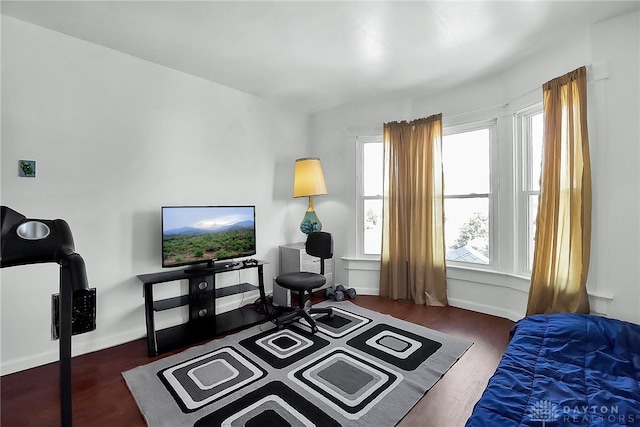 bedroom with multiple windows and dark hardwood / wood-style flooring