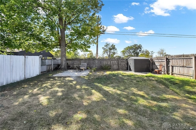 view of yard with a shed and a patio