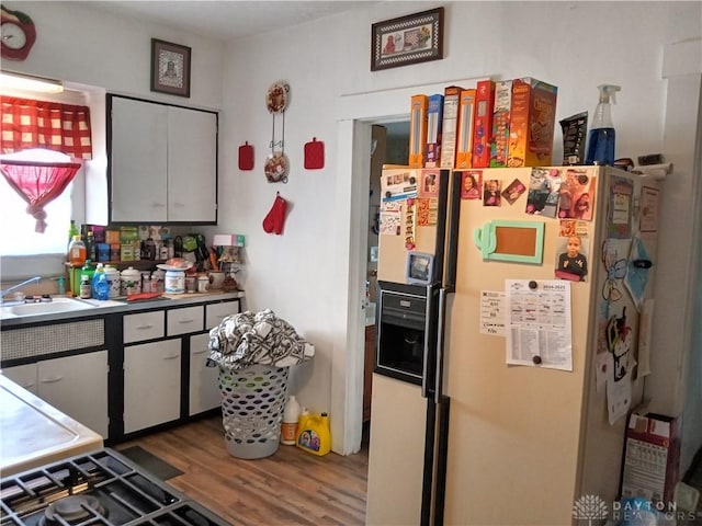 kitchen featuring wood-type flooring, white fridge with ice dispenser, and sink